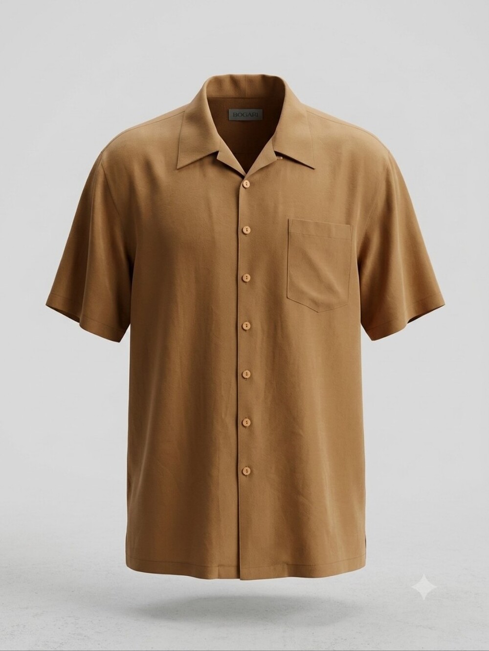 BOGARI Vintage 100% Silk Short Sleeve Button Up Shirt Women's Large Tan Brown